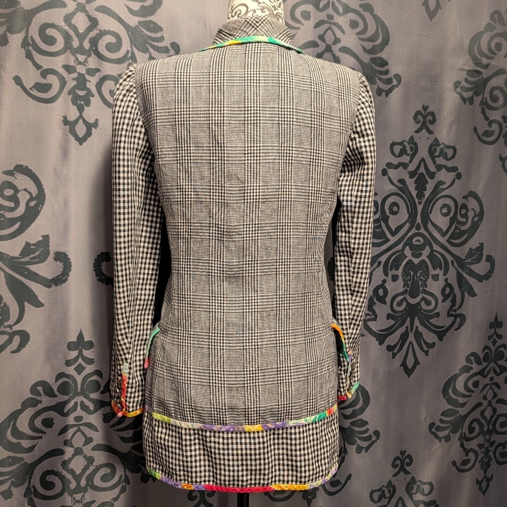 RARE Vintage Emanuel Ungaro Black and White Plaid Blazer Tie Dye Trim - Picture 6 of 10